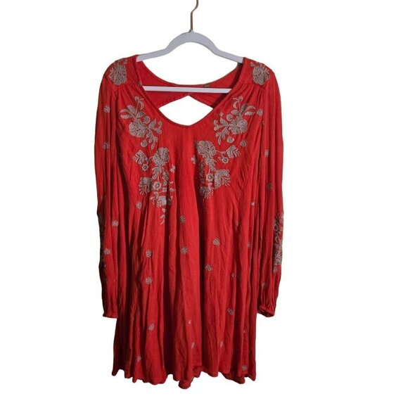 Free People Sweet Tennessee Embroidered Red Long Sleeve Tunic Dress Size S - Picture 2 of 10